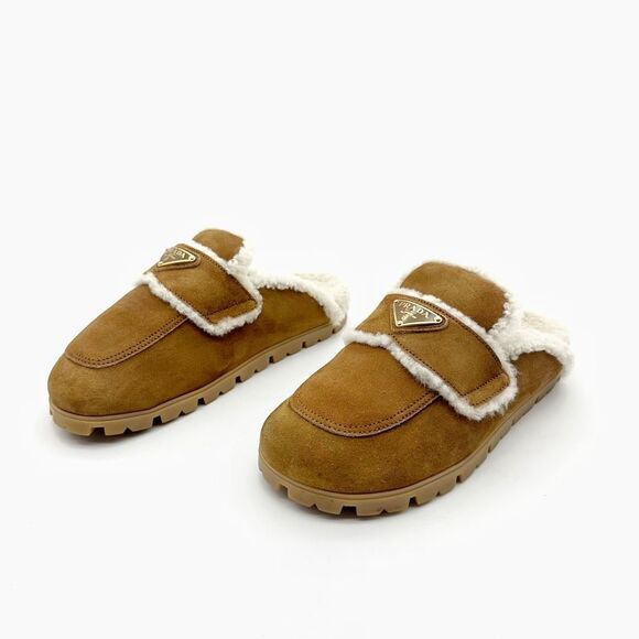 PRADA Brown Suede Shearling Fur Cozy Lug Sole Mules Size 38 Triangle Logo Plaque - Picture 1 of 16